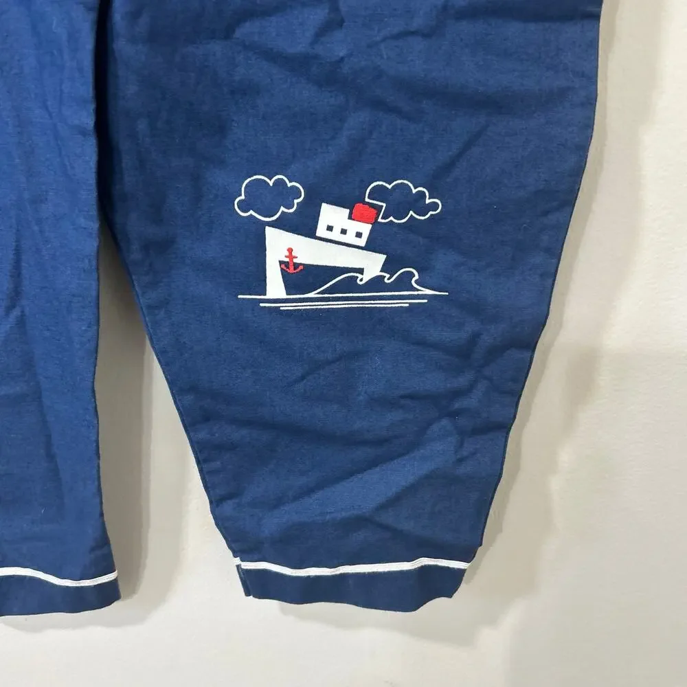 Absorba Vintage Boys Size 4T Blue & White Nautical Overalls Romper Sailboat 90s